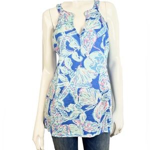 Lilly Pulitzer Sea Print Bay Blue Into The Deep Sleeveless Top Tank XL